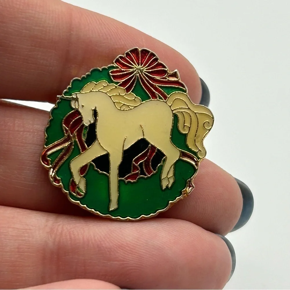Vintage Small Novelty Red and Green Round Unicorn Pin Girl Power Red Ribbon